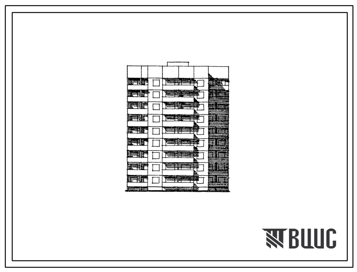 Типовой проект 90-0122.87 Блок-секция 9-этажная 54-квартирная рядовая с торцовыми окончаниями 1-1-2-2-3-3 многолучевая широтной ориентации