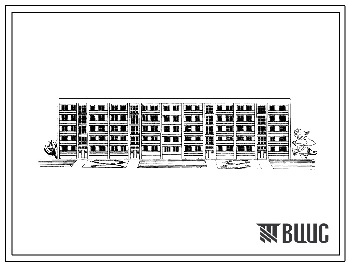 115-102-2с/1 Пятиэтажный четырехсекционный жилой дом на 60 квартир (однокомнатных 1Б-10, двухкомнатных 2Б-20, трехкомнатных 3Б-30) из блоков пильных известняков. Для строительства в районах сейсмичностью 8 баллов в 3Б климатическом подрайоне Молдавской