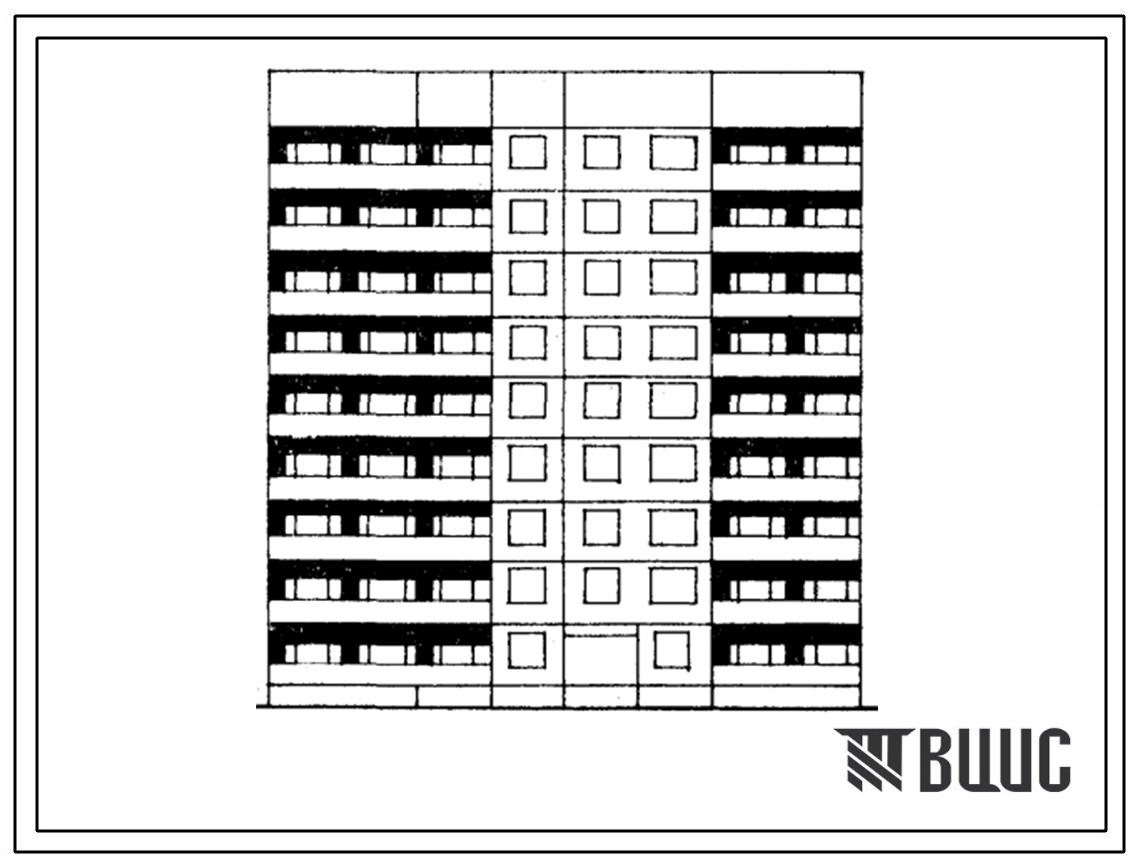 Типовой проект 1Лг-602-014/1 Девятиэтажная блок-секция торцевая правая на 36 квартир (однокомнатных 1А-10, двухкомнатных 2Б-8, трехкомнатных 3Б-9, четырехкомнатных 4Б-9). Для строительства во 2Б климатических подрайонах Латвийской ССР