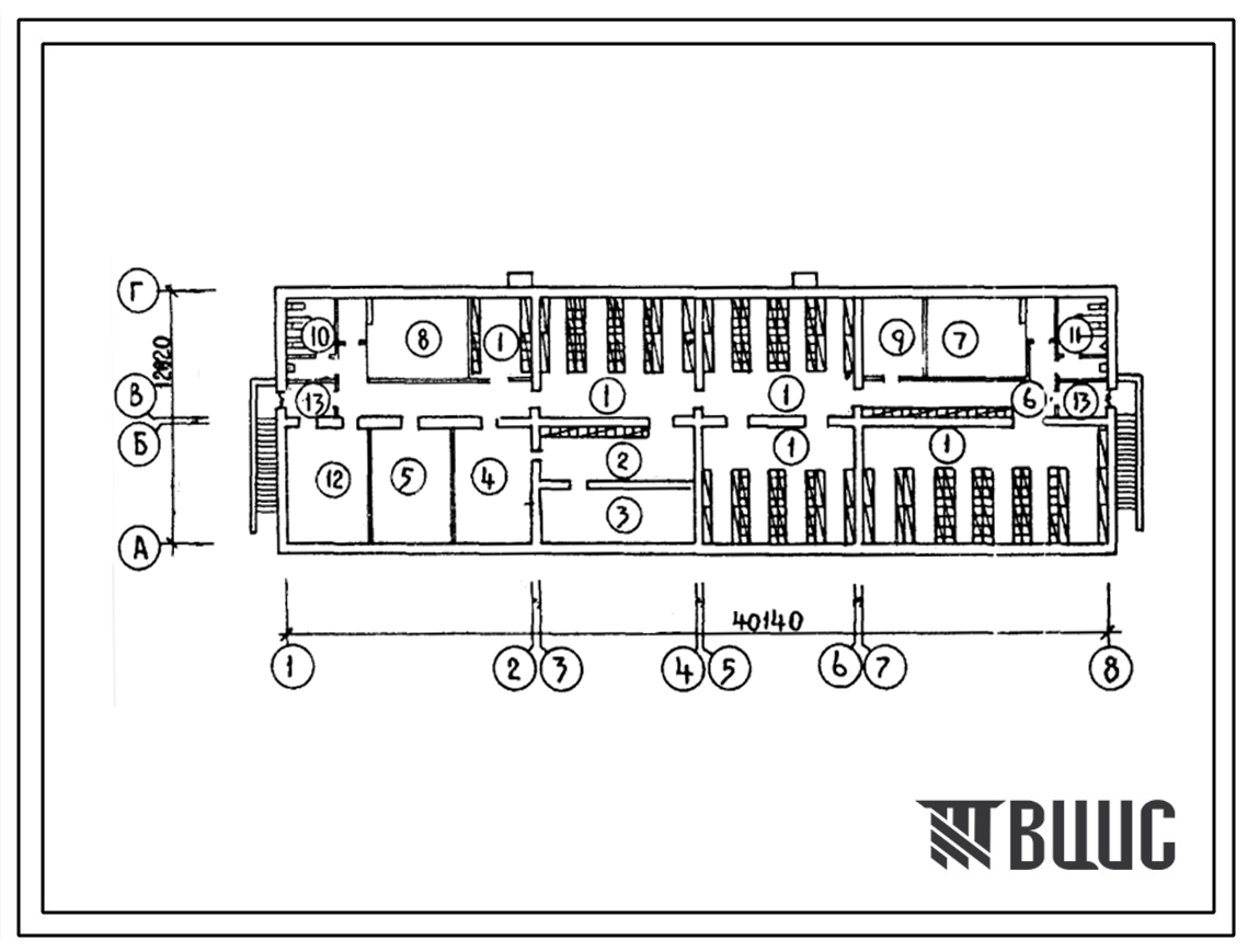 Типовой проект П-4-312(214-1-325С.85) Хозяйственно-бытовые помещения в подвале детских яслей-сада на 95 мест, (убежище на 312 человек, размеры убежища 40,14м на 12,02м, режимы вентиляции 1).