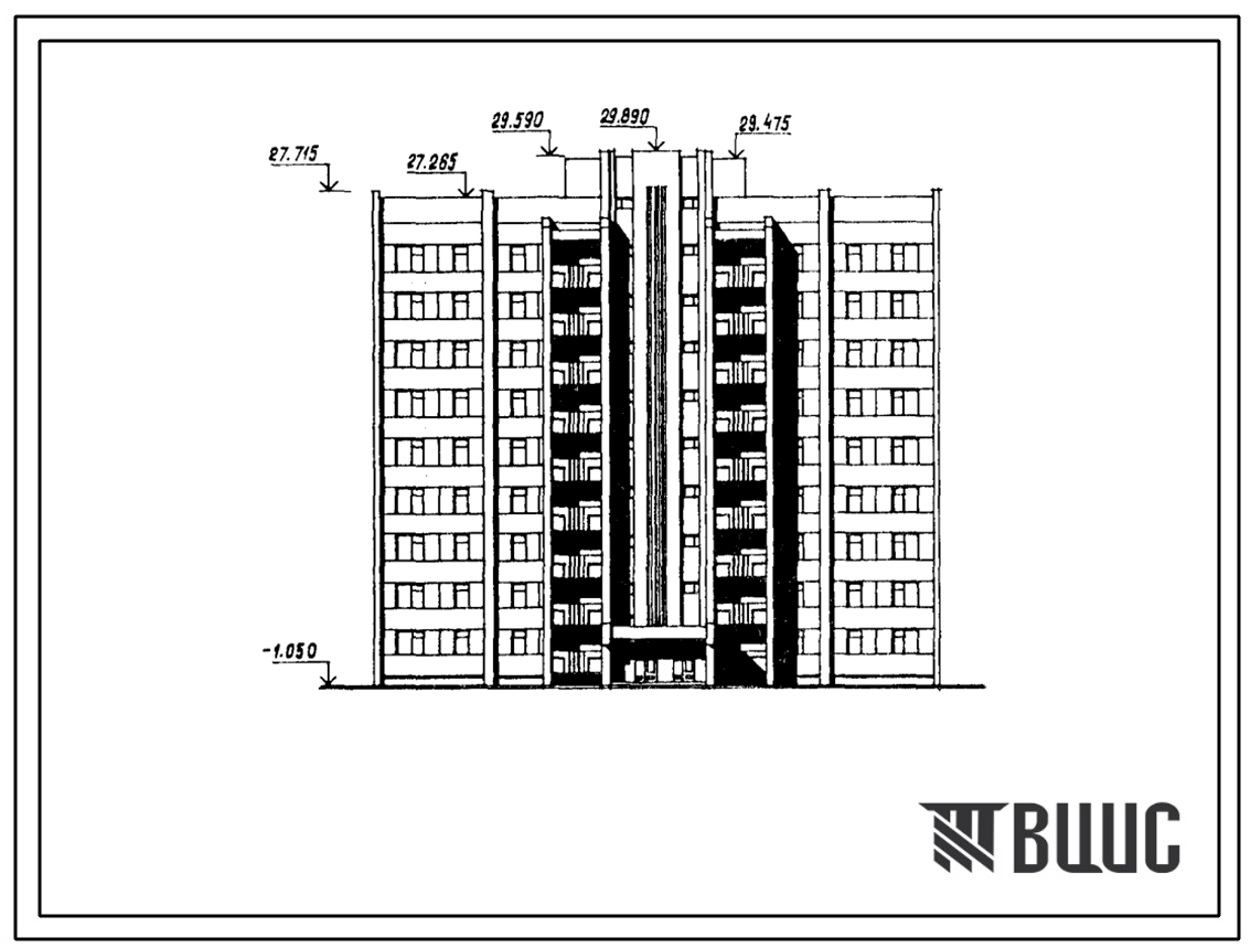 Типовой проект 181-03.86 Девятиэтажная блок-секция рядовая с торцевыми окончаниями для малосемейных на 72 квартиры