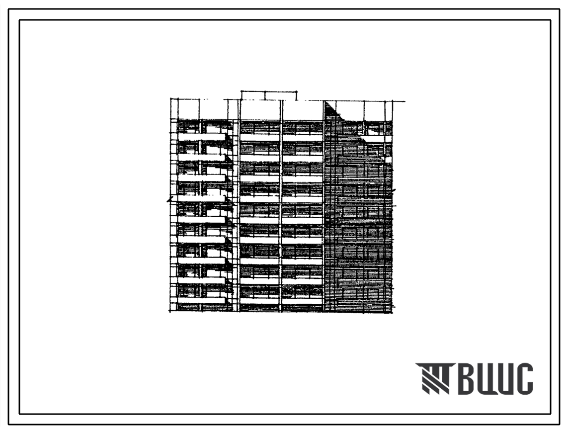 Типовой проект 90-0123.87 Блок-секция 9-этажная 53-квартирная рядовая с торцовыми окончаниями 1-1-2-2-3-3 многолучевая широтной ориентации с применением монолита