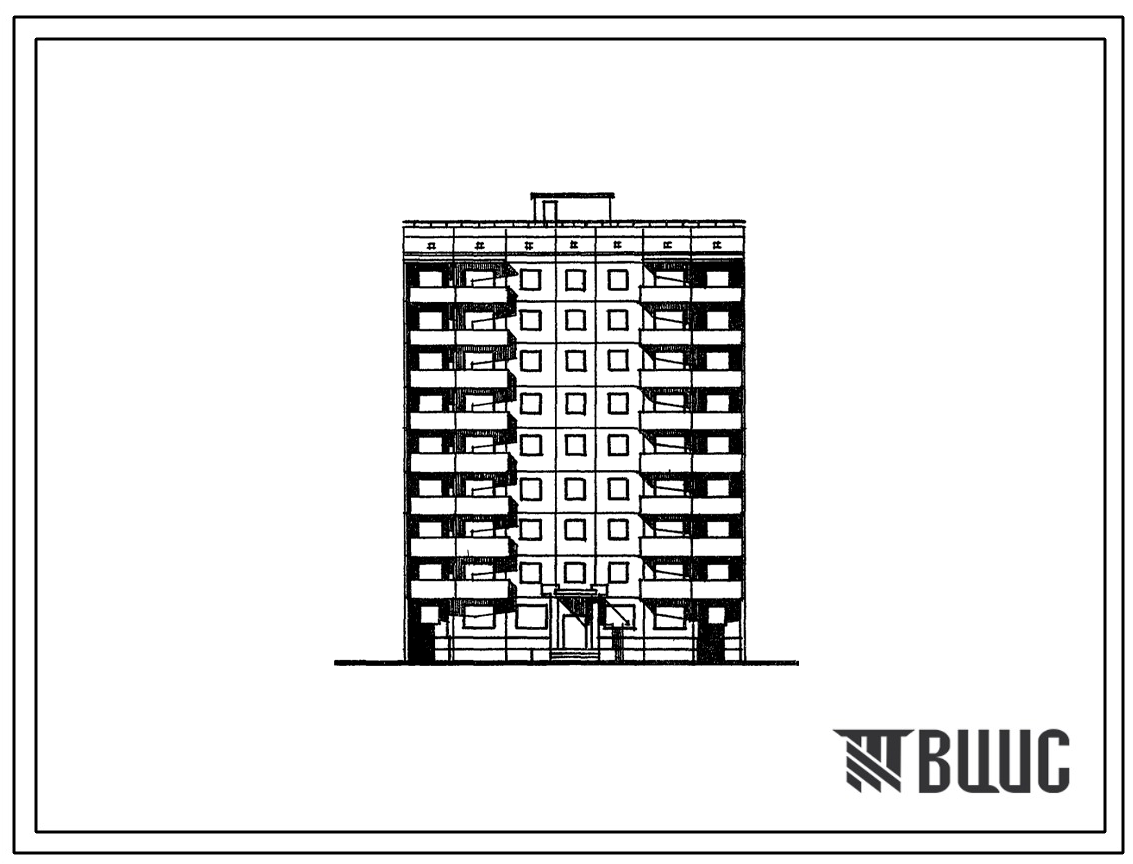 Фасады Типовой проект 94-089/1.2 Блок-секция 9-этажная 32-квартирная рядовая, левая со встроенными предприятиями обслуживания населения 1Б-2Б-3А-3Б