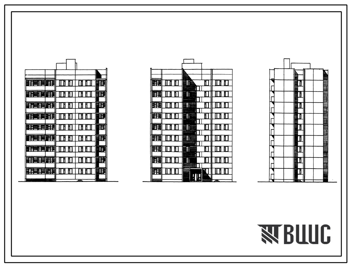 Фасады Типовой проект 88-024/1.2 9-этажная торцевая правая блок-секция 2Б.2Б.3Б.4Б на 36 квартир. Для строительства во 2В климатическом подрайоне Белорусской ССР.