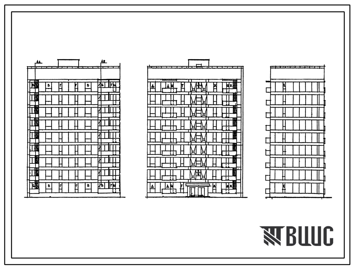 Фасады Типовой проект 87-082/2 Девятиэтажная торцовая левая блок-секция на 36 квартир Т-1Б-2Б-2Б-3А