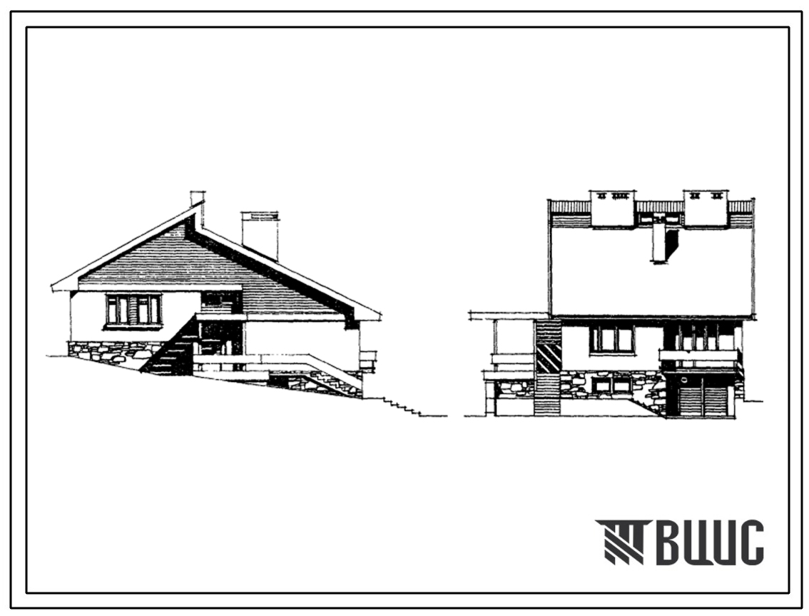 Типовой проект 185-000-148с Одноэтажный одноквартирный четырехкомнатный жилой дом с гаражом на сложном рельефе. Для индивидуальных застройщиков.