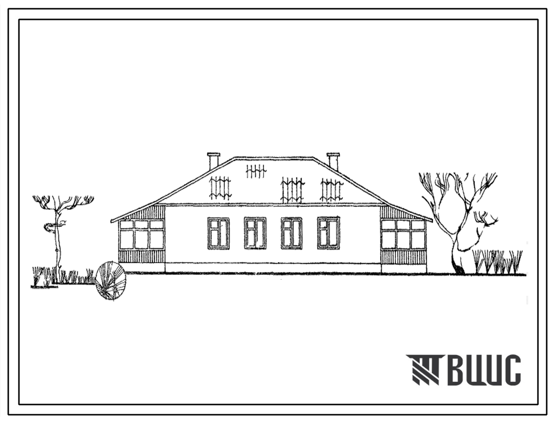 Типовой проект 184-000-4 Одноэтажный двухквартирный дом с двухкомнатными квартирами 2Б с хозяйственными пристройками. Для строительства в 1В, 2В и 3А климатических подрайонах сельской местности Казахской ССР