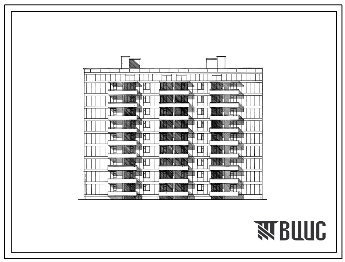 Типовой проект 67-049.84 9-этажная двойная блок-секция на 72 квартиры для малосемейных торцовая 1Б, 1Б, 1А, 2Б-2Б, 1А, 1Б, 1Б со стенами из крупных блоков пильного известняка для обычных условий строительства