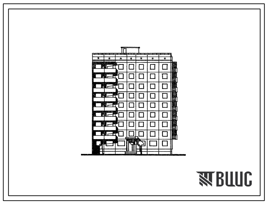 Фасады Типовой проект 94-088/1.2 Блок-секция 9-этажная 32-квартирная торцовая, правая со встроенными предприятиями обслуживания населения 2Б-2Б-2Б-3Б