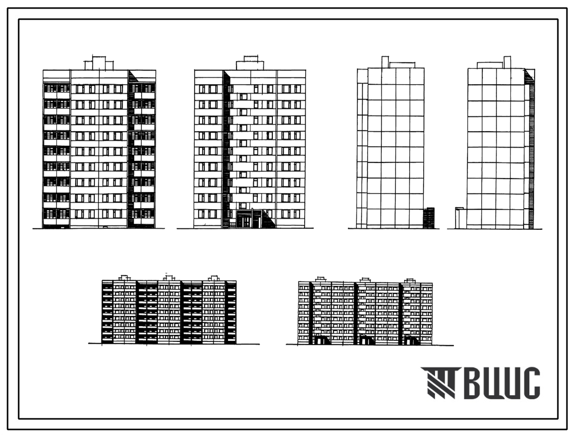 Фасады Типовой проект 88-025/1.2 9-этажная рядовая с торцевым окончанием блок-секция 2Б.2Б.3Б.3Б на 36 квартир. Для строительства во 2В климатическом подрайоне Белорусской ССР.