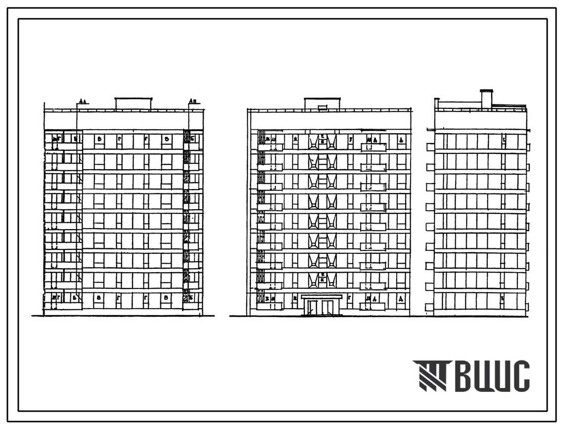 Фасады Типовой проект 87-084/2 Девятиэтажная торцовая правая блок-секция на 36 квартир Т-1Б-2Б-2Б-3А