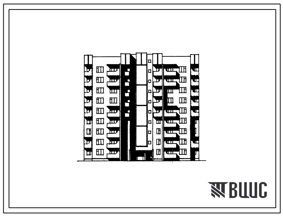 Фасады Типовой проект 87-0160.13.89 Блок-секция многолучевая 9-этажная 54-квартирная 1-1-1-3-3-3 /для строительства в УССР/