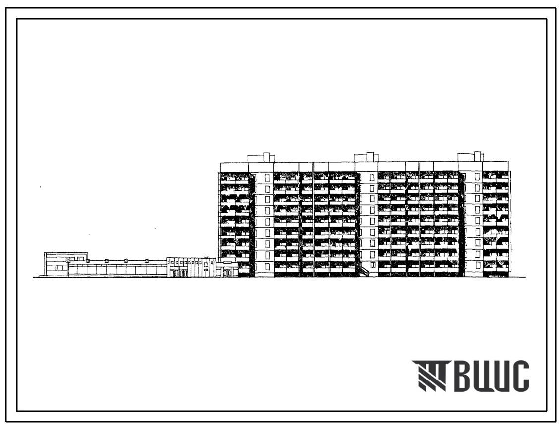 Фасады Типовой проект 114-96-58.84 9-этажный 8-секционный жилой дом на 105 квартир со встроенно-пристроенным магазином типа "универсам" торговой площадью 1000 м2
