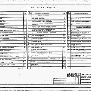 Состав фльбома. Типовой проект У.414-1-52.95Альбом 1 Пояснительная записка. Технология производства. Архитектурные решения. Конструкции железобетонные. Отопление и вентиляция. Внутренние водопровод и канализация. Электрооборудование и электроосвещение. Автоматизация санитарно-технических систем. За